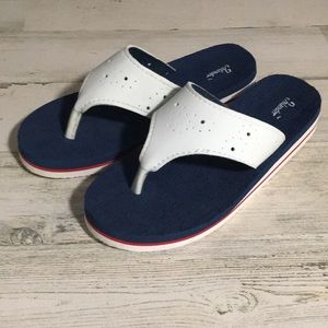 White with red stripe and blue inside foam thong sandals size 7